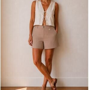 Quebramar Tan Linen Look High Rise Tailored Shorts Coastal Preppy Size Small